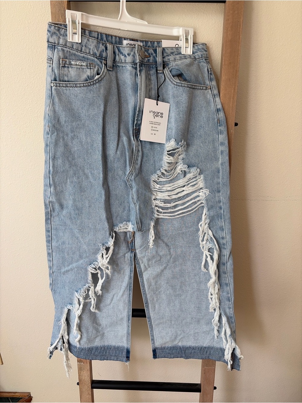 Light Blue Distressed Denim Maxi Skirt by INGENUE GONE